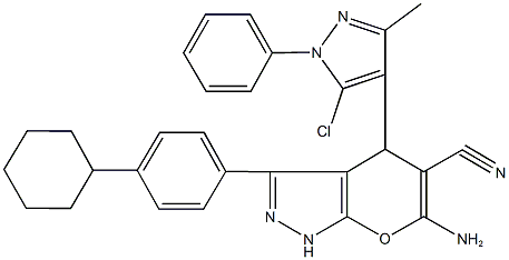 6-amino-4-(5-chloro-3-methyl-1-phenyl-1H-pyrazol-4-yl)-3-(4-cyclohexylphenyl)-1,4-dihydropyrano[2,3-c]pyrazole-5-carbonitrile Struktur