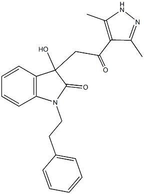 3-[2-(3,5-dimethyl-1H-pyrazol-4-yl)-2-oxoethyl]-3-hydroxy-1-(2-phenylethyl)-1,3-dihydro-2H-indol-2-one Struktur