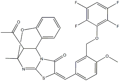 16-acetyl-13-{4-methoxy-3-[(2,3,5,6-tetrafluorophenoxy)methyl]benzylidene}-9-methyl-8-oxa-12-thia-10,15-diazatetracyclo[7.6.1.0~2,7~.0~11,15~]hexadeca-2,4,6,10-tetraen-14-one Struktur