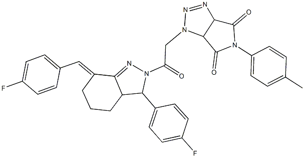 1-{2-[7-(4-fluorobenzylidene)-3-(4-fluorophenyl)-3,3a,4,5,6,7-hexahydro-2H-indazol-2-yl]-2-oxoethyl}-5-(4-methylphenyl)-3a,6a-dihydropyrrolo[3,4-d][1,2,3]triazole-4,6(1H,5H)-dione Struktur