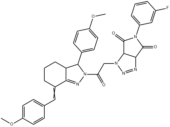 5-(3-fluorophenyl)-1-{2-[7-(4-methoxybenzylidene)-3-(4-methoxyphenyl)-3,3a,4,5,6,7-hexahydro-2H-indazol-2-yl]-2-oxoethyl}-3a,6a-dihydropyrrolo[3,4-d][1,2,3]triazole-4,6(1H,5H)-dione Struktur