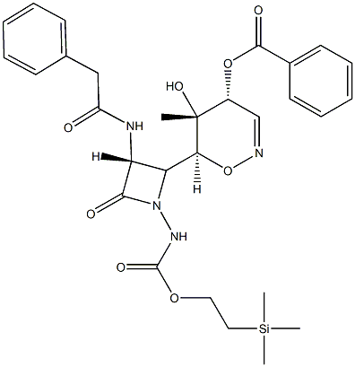 5-hydroxy-5-methyl-6-[4-oxo-3-[(phenylacetyl)amino]-1-({[2-(trimethylsilyl)ethoxy]carbonyl}amino)-2-azetidinyl]-5,6-dihydro-4H-1,2-oxazin-4-yl benzoate Struktur