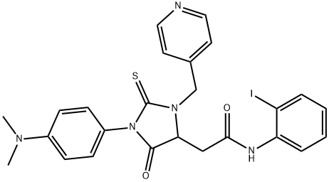 2-[1-[4-(dimethylamino)phenyl]-5-oxo-3-(4-pyridinylmethyl)-2-thioxo-4-imidazolidinyl]-N-(2-iodophenyl)acetamide Struktur