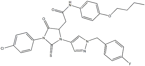 N-(4-butoxyphenyl)-2-{1-(4-chlorophenyl)-3-[1-(4-fluorobenzyl)-1H-pyrazol-4-yl]-5-oxo-2-thioxo-4-imidazolidinyl}acetamide Struktur