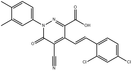 5-cyano-4-[2-(2,4-dichlorophenyl)vinyl]-1-(3,4-dimethylphenyl)-6-oxo-1,6-dihydro-3-pyridazinecarboxylic acid Struktur