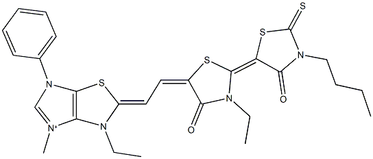 3-ethyl-2-{2-[3'-butyl-3-ethyl-4,4'-dioxo-2'-thioxo-2,5'-bis(1,3-thiazolidin-2-ylidene)-5-ylidene]ethylidene}-4-methyl-6-phenyl-3,6-dihydro-2H-imidazo[4,5-d][1,3]thiazol-4-ium Struktur