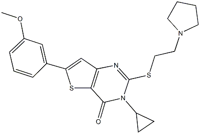 3-cyclopropyl-6-(3-methoxyphenyl)-2-{[2-(1-pyrrolidinyl)ethyl]sulfanyl}thieno[3,2-d]pyrimidin-4(3H)-one Struktur