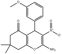 2-amino-3-nitro-4-(3-methoxyphenyl)-7,7-dimethyl-4,6,7,8-tetrahydro-5H-chromen-5-one Struktur