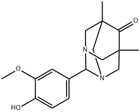 2-(4-hydroxy-3-methoxyphenyl)-5,7-dimethyl-1,3-diazatricyclo[3.3.1.1~3,7~]decan-6-one Struktur