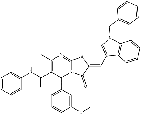 2-[(1-benzyl-1H-indol-3-yl)methylene]-5-(3-methoxyphenyl)-7-methyl-3-oxo-N-phenyl-2,3-dihydro-5H-[1,3]thiazolo[3,2-a]pyrimidine-6-carboxamide Struktur