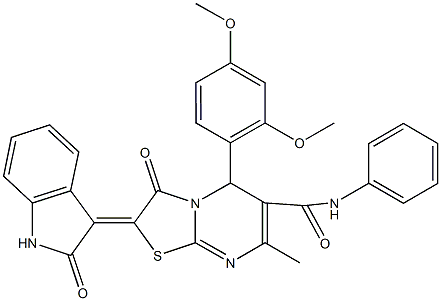 5-(2,4-dimethoxyphenyl)-7-methyl-3-oxo-2-(2-oxo-1,2-dihydro-3H-indol-3-ylidene)-N-phenyl-2,3-dihydro-5H-[1,3]thiazolo[3,2-a]pyrimidine-6-carboxamide Struktur