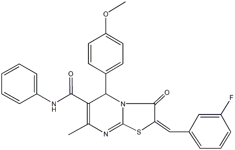 2-(3-fluorobenzylidene)-5-(4-methoxyphenyl)-7-methyl-3-oxo-N-phenyl-2,3-dihydro-5H-[1,3]thiazolo[3,2-a]pyrimidine-6-carboxamide Struktur