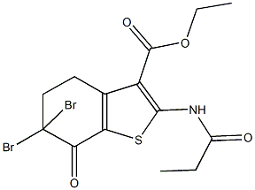 ethyl 6,6-dibromo-7-oxo-2-(propionylamino)-4,5,6,7-tetrahydro-1-benzothiophene-3-carboxylate Struktur