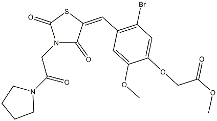 methyl [5-bromo-4-({2,4-dioxo-3-[2-oxo-2-(1-pyrrolidinyl)ethyl]-1,3-thiazolidin-5-ylidene}methyl)-2-methoxyphenoxy]acetate Struktur