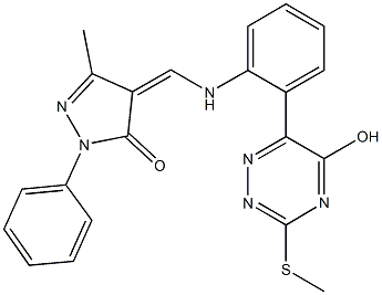 4-({2-[5-hydroxy-3-(methylsulfanyl)-1,2,4-triazin-6-yl]anilino}methylene)-5-methyl-2-phenyl-2,4-dihydro-3H-pyrazol-3-one Struktur