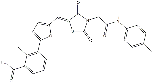 3-[5-({2,4-dioxo-3-[2-oxo-2-(4-toluidino)ethyl]-1,3-thiazolidin-5-ylidene}methyl)-2-furyl]-2-methylbenzoic acid Struktur