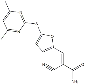 2-cyano-3-{5-[(4,6-dimethyl-2-pyrimidinyl)sulfanyl]-2-furyl}acrylamide Struktur