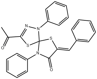 3-acetyl-7-benzylidene-1,9-diphenyl-4,6-dithia-1,2,9-triazaspiro[4.4]non-2-en-8-one Struktur