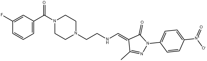 4-[({2-[4-(3-fluorobenzoyl)-1-piperazinyl]ethyl}amino)methylene]-2-{4-nitrophenyl}-5-methyl-2,4-dihydro-3H-pyrazol-3-one Struktur