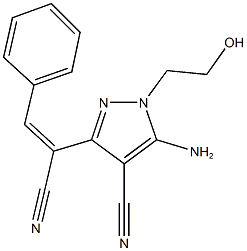 5-amino-3-(1-cyano-2-phenylvinyl)-1-(2-hydroxyethyl)-1H-pyrazole-4-carbonitrile Struktur