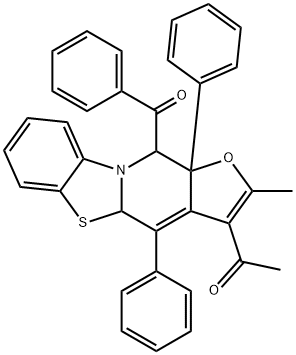 1-(11-benzoyl-2-methyl-4,11a-diphenyl-11,11a-dihydro-4aH-furo[3',2':4,5]pyrido[2,1-b][1,3]benzothiazol-3-yl)ethanone Struktur