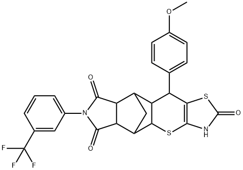 9-(4-methoxyphenyl)-14-[3-(trifluoromethyl)phenyl]-3,7-dithia-5,14-diazapentacyclo[9.5.1.0~2,10~.0~4,8~.0~12,16~]heptadec-4(8)-ene-6,13,15-trione Struktur