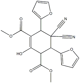 dimethyl 5,5-dicyano-4,6-di(2-furyl)-2-hydroxy-1-cyclohexene-1,3-dicarboxylate Struktur