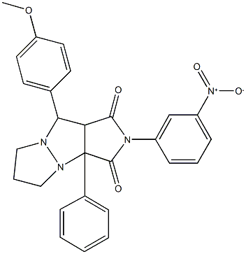 2-{3-nitrophenyl}-9-(4-methoxyphenyl)-3a-phenyltetrahydro-5H-pyrazolo[1,2-a]pyrrolo[3,4-c]pyrazole-1,3(2H,3aH)-dione Struktur