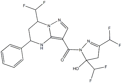 3,5-bis(difluoromethyl)-1-{[7-(difluoromethyl)-5-phenyl-4,5,6,7-tetrahydropyrazolo[1,5-a]pyrimidin-3-yl]carbonyl}-4,5-dihydro-1H-pyrazol-5-ol Struktur