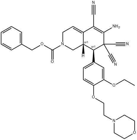 benzyl 6-amino-5,7,7-tricyano-8-[3-ethoxy-4-(2-morpholin-4-ylethoxy)phenyl]-3,7,8,8a-tetrahydroisoquinoline-2(1H)-carboxylate Struktur