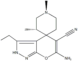 6'-amino-3'-ethyl-2',4'-dihydro-1,3-dimethyl-spiro[piperidine-4,4'-pyrano[2,3-c]pyrazole]-5'-carbonitrile Struktur