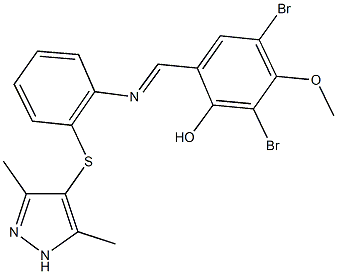 2,4-dibromo-6-[({2-[(3,5-dimethyl-1H-pyrazol-4-yl)sulfanyl]phenyl}imino)methyl]-3-methoxyphenol Struktur