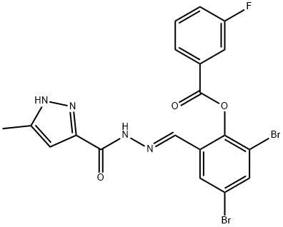 2,4-dibromo-6-{2-[(3-methyl-1H-pyrazol-5-yl)carbonyl]carbohydrazonoyl}phenyl 3-fluorobenzoate Struktur