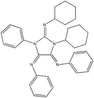 N-[1-cyclohexyl-2-(cyclohexylimino)-3-phenyl-5-(phenylimino)imidazolidin-4-ylidene]aniline Struktur