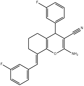 2-amino-8-(3-fluorobenzylidene)-4-(3-fluorophenyl)-5,6,7,8-tetrahydro-4H-chromene-3-carbonitrile Struktur