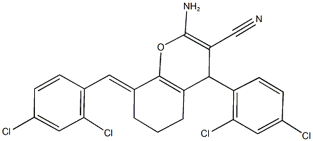 2-amino-8-(2,4-dichlorobenzylidene)-4-(2,4-dichlorophenyl)-5,6,7,8-tetrahydro-4H-chromene-3-carbonitrile Struktur