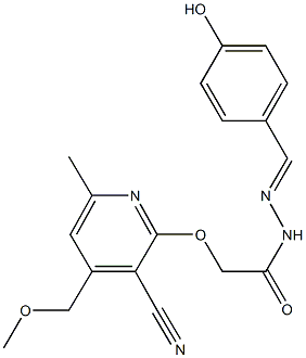 2-{[3-cyano-4-(methoxymethyl)-6-methyl-2-pyridinyl]oxy}-N'-(4-hydroxybenzylidene)acetohydrazide Struktur