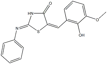 5-(2-hydroxy-3-methoxybenzylidene)-2-(phenylimino)-1,3-thiazolidin-4-one Struktur