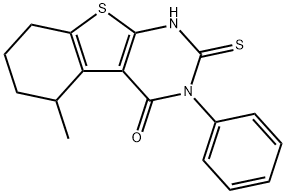 5-methyl-3-phenyl-2-sulfanyl-5,6,7,8-tetrahydro[1]benzothieno[2,3-d]pyrimidin-4(3H)-one Struktur