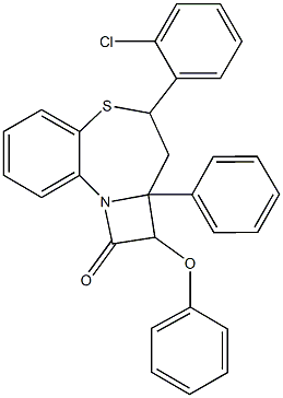 4-(2-chlorophenyl)-2-phenoxy-2a-phenyl-2,2a,3,4-tetrahydro-1H-azeto[2,1-d][1,5]benzothiazepin-1-one Struktur