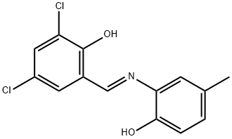 2,4-dichloro-6-{[(2-hydroxy-5-methylphenyl)imino]methyl}phenol Struktur