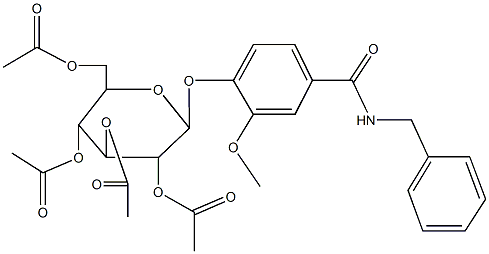 3,5-bis(acetyloxy)-2-[(acetyloxy)methyl]-6-{4-[(benzylamino)carbonyl]-2-methoxyphenoxy}tetrahydro-2H-pyran-4-yl acetate Struktur