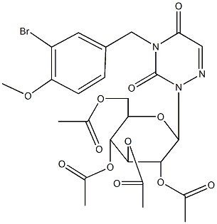 3,5-bis(acetyloxy)-2-[(acetyloxy)methyl]-6-(4-(3-bromo-4-methoxybenzyl)-3,5-dioxo-4,5-dihydro-1,2,4-triazin-2(3H)-yl)tetrahydro-2H-pyran-4-yl acetate Struktur