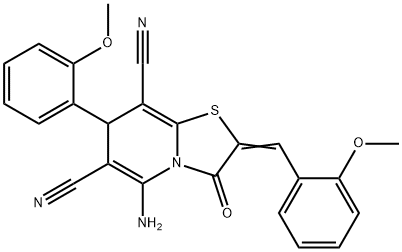 5-amino-2-(2-methoxybenzylidene)-7-(2-methoxyphenyl)-3-oxo-2,3-dihydro-7H-[1,3]thiazolo[3,2-a]pyridine-6,8-dicarbonitrile Struktur