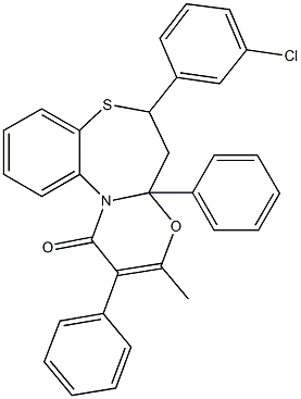 6-(3-chlorophenyl)-3-methyl-2,4a-diphenyl-5,6-dihydro-1H,4aH-[1,3]oxazino[2,3-d][1,5]benzothiazepin-1-one Struktur