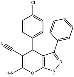 6-amino-4-(4-chlorophenyl)-3-phenyl-1,4-dihydropyrano[2,3-c]pyrazole-5-carbonitrile Struktur