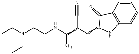 3-amino-3-{[2-(diethylamino)ethyl]amino}-2-[(3-oxo-1,3-dihydro-2H-indol-2-ylidene)methyl]acrylonitrile Struktur