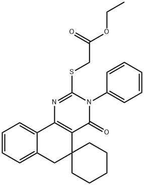 ethyl [(4-oxo-3-phenyl-3,4,5,6-tetrahydrospiro{benzo[h]quinazoline-5,1'-cyclohexane}-2-yl)sulfanyl]acetate Struktur