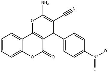 2-amino-4-{4-nitrophenyl}-5-oxo-4H,5H-pyrano[3,2-c]chromene-3-carbonitrile Struktur