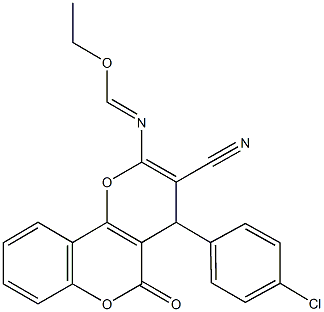 ethyl 4-(4-chlorophenyl)-3-cyano-5-oxo-4H,5H-pyrano[3,2-c]chromen-2-yliminoformate Struktur